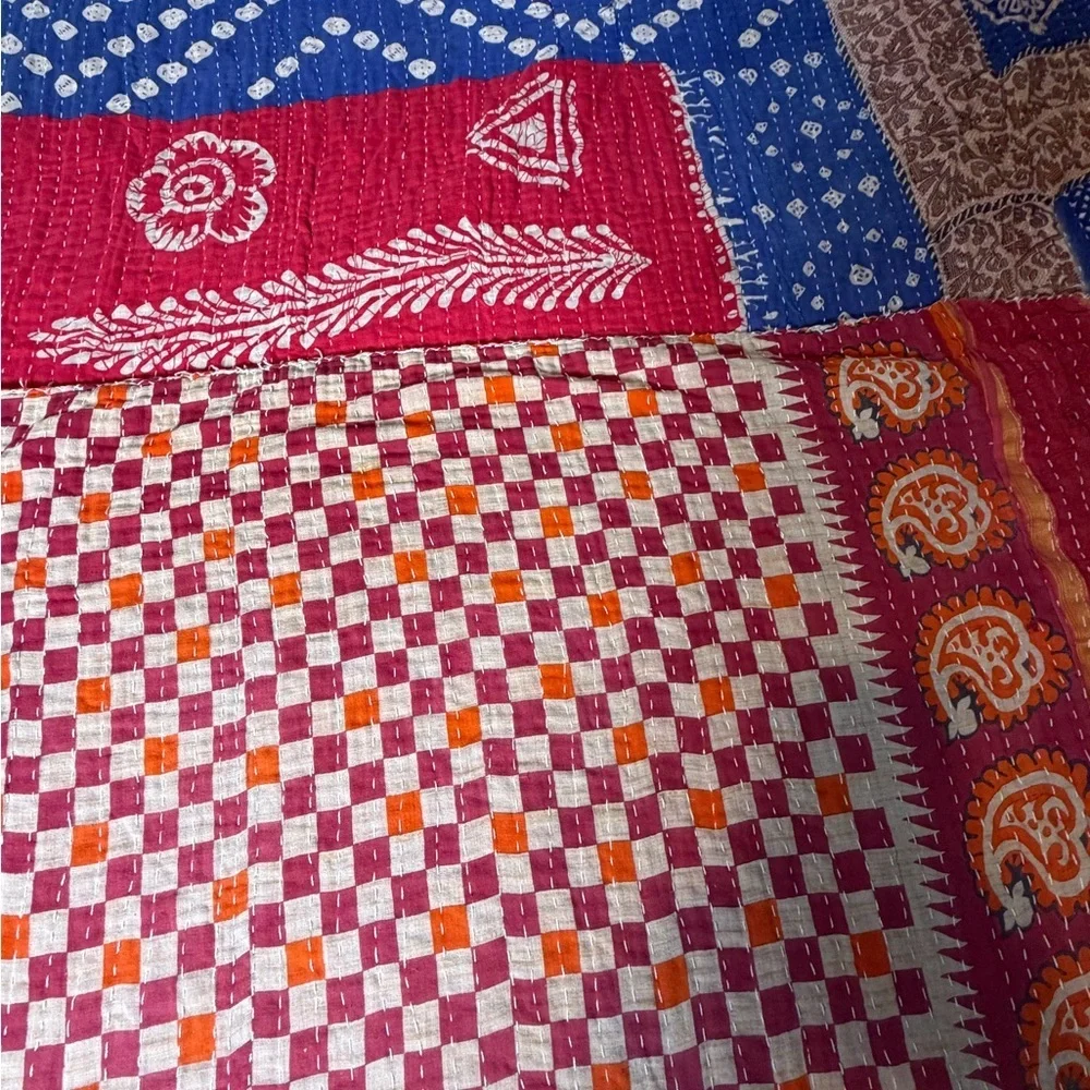 Vintage Kantha Quilt Twin Hand Stitched Sari Patchwork Boho Textile 52” x 80”